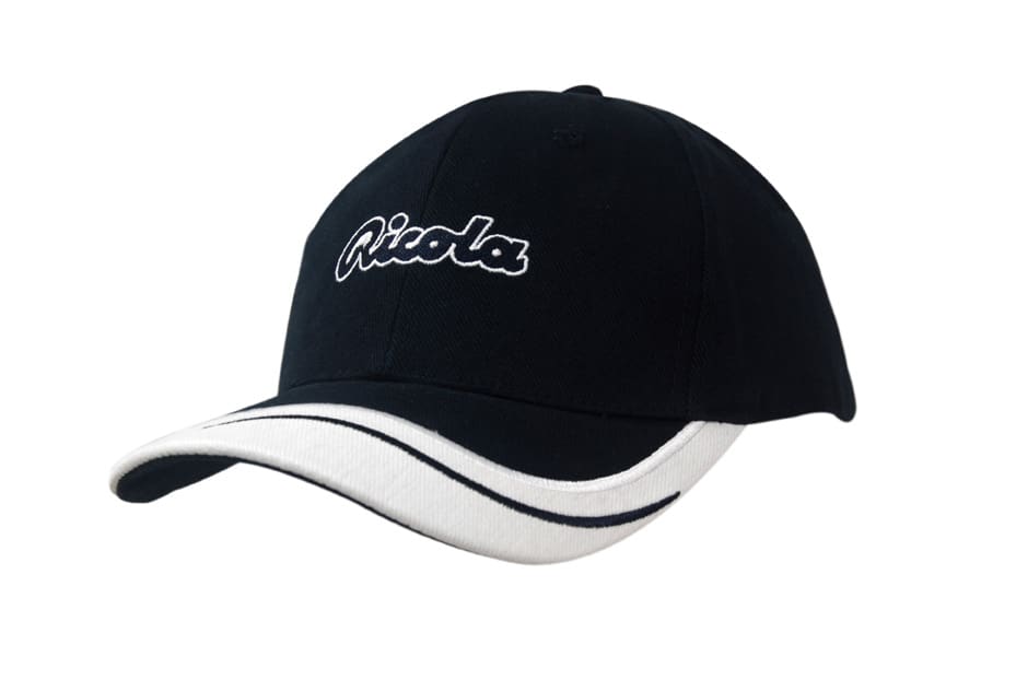 A black cap with a white peak insert and embroidered lines, featuring a logo on the front.
