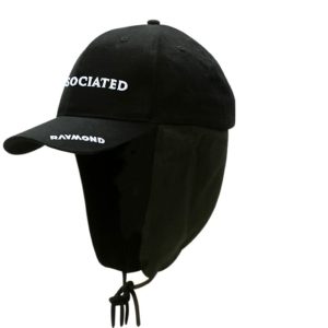 A black brushed heavy cotton cap with a back flap and rope. Features text and a logo on the front.