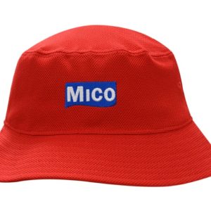 A red bucket hat made of double pique mesh fabric featuring a logo on the front.