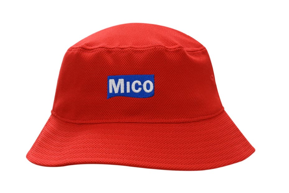 A red bucket hat made of double pique mesh fabric featuring a logo on the front.
