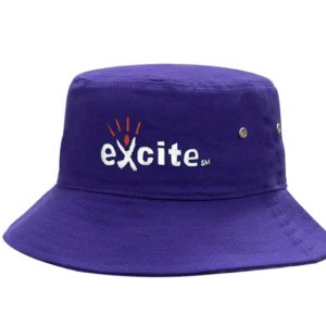 A purple brushed heavy cotton bucket hat with brass eyelets and a logo on the front.