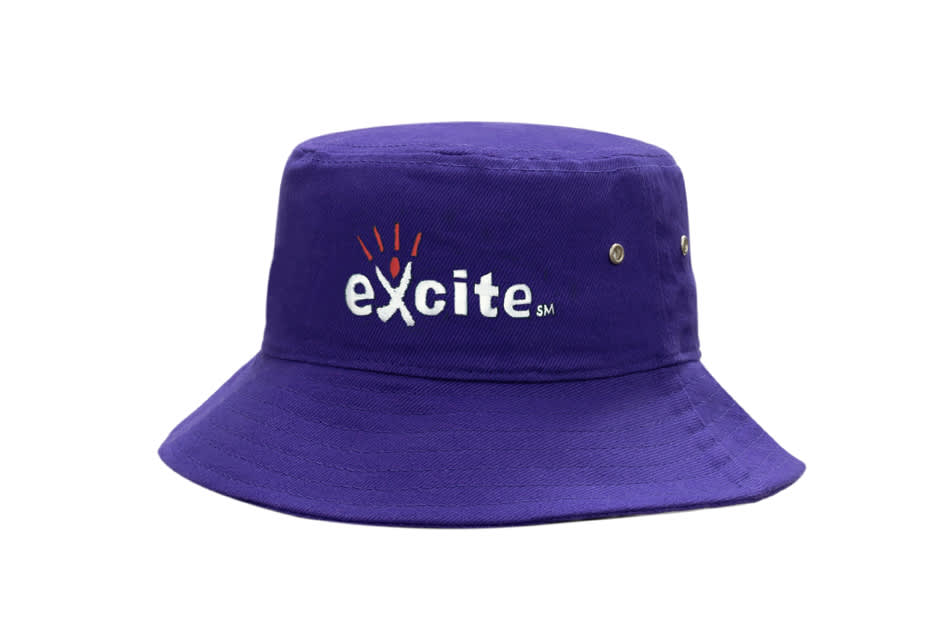 A purple brushed heavy cotton bucket hat with brass eyelets and a logo on the front.