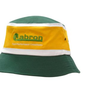 A green and yellow premium cotton twill bucket hat with crown trims and a branding logo.