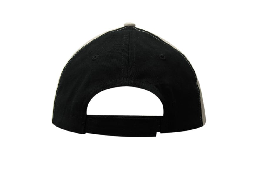A black and white cap featuring a contrasting design and an adjustable strap at the back.