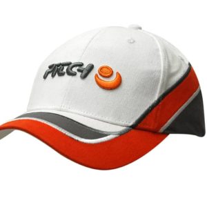 A white cap with red and grey accents, featuring embroidery on the crown and peak, and a logo on the side.