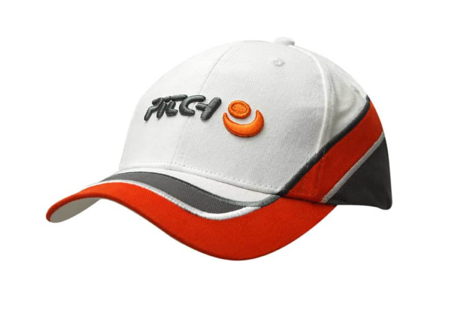 A white cap with red and grey accents, featuring embroidery on the crown and peak, and a logo on the side.