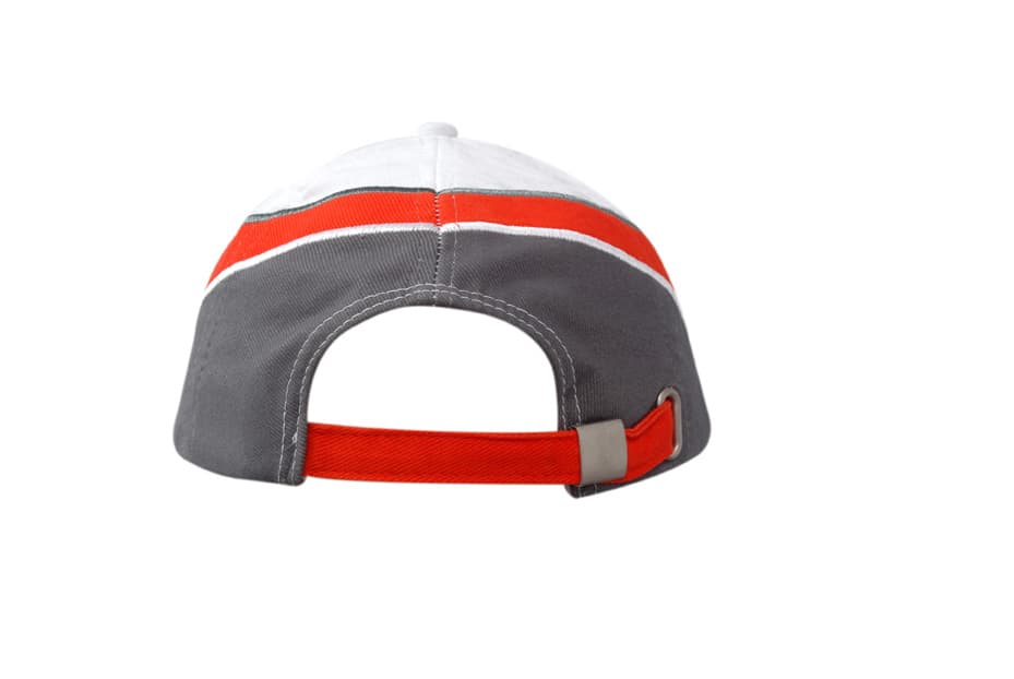 A brushed heavy cotton cap in grey, with a white and red stripe, featuring a buckle closure at the back.