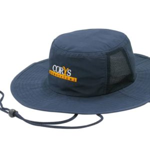 A navy microfibre hat featuring mesh inserts and an adjustable chin strap. It includes a logo.