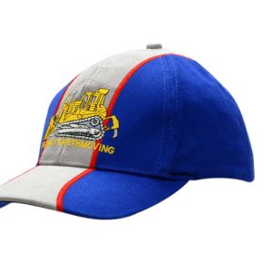 A blue and grey cap featuring embroidery on the crown and peak, with a logo on the front.