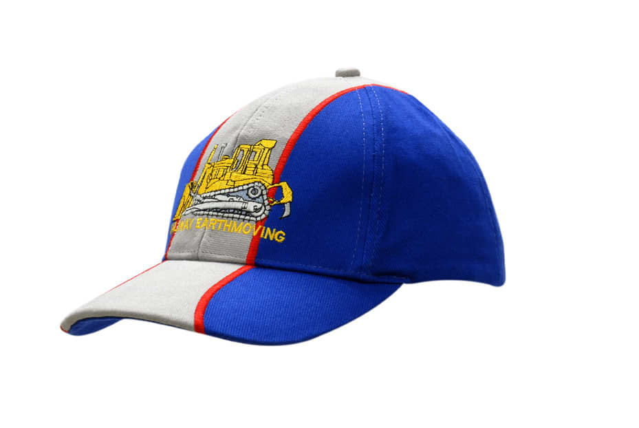 A blue and grey cap featuring embroidery on the crown and peak, with a logo on the front.