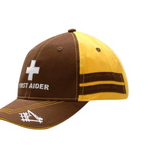 Brushed heavy cotton cap in brown and yellow with contrast stitching and stripes, featuring a logo on the front.