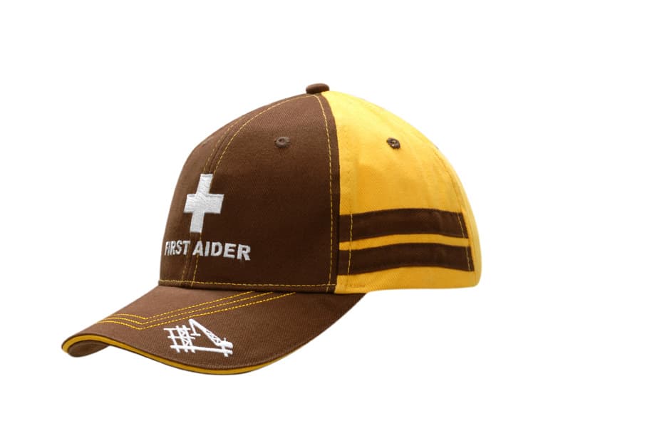 Brushed heavy cotton cap in brown and yellow with contrast stitching and stripes, featuring a logo on the front.
