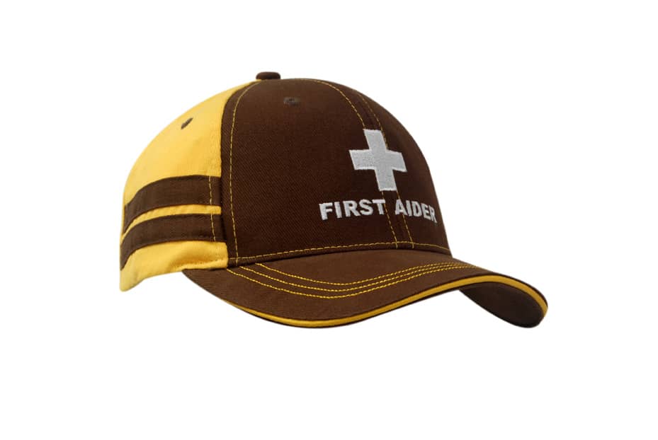 A brown and yellow cap with stripes on the crown, contrast stitching on the peak, and a logo.