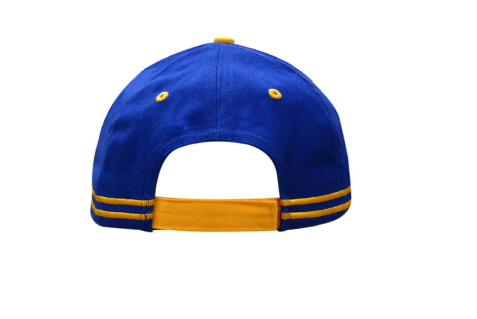 A blue cap with yellow sandwich trim, featuring an adjustable back strap and peak indent.