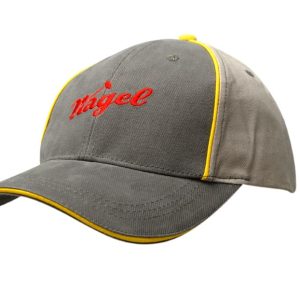 Brushed heavy cotton cap in grey with yellow sandwich trim and crown piping. Features a logo on the front.
