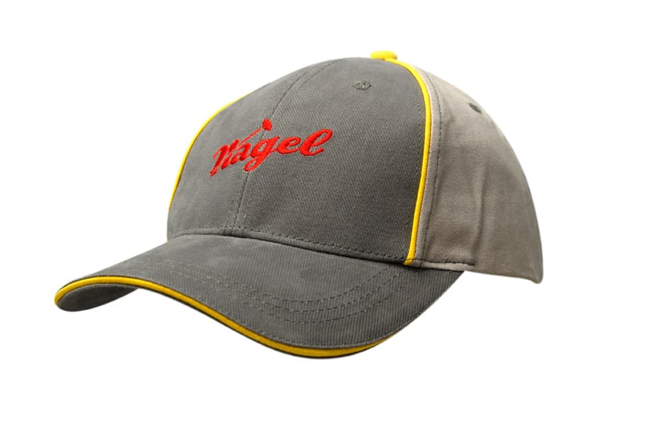 Brushed heavy cotton cap in grey with yellow sandwich trim and crown piping. Features a logo on the front.