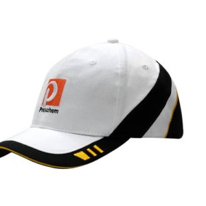 A white cap with black and yellow accents, featuring embroidery and a logo on the crown and peak.