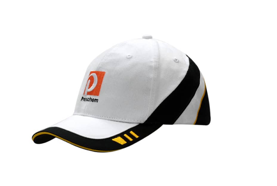 A white cap with black and yellow accents, featuring embroidery and a logo on the crown and peak.