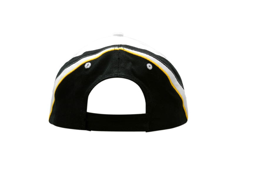 A black and white cap featuring fabric inserts and embroidery on the crown and peak, showcasing a contrasting design.