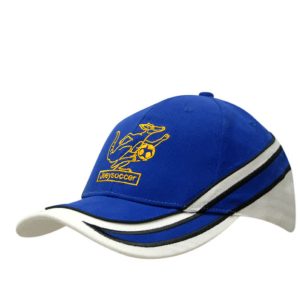 A blue cap with white and black piping, featuring a logo on the front. Suitable for casual wear and sports activities.