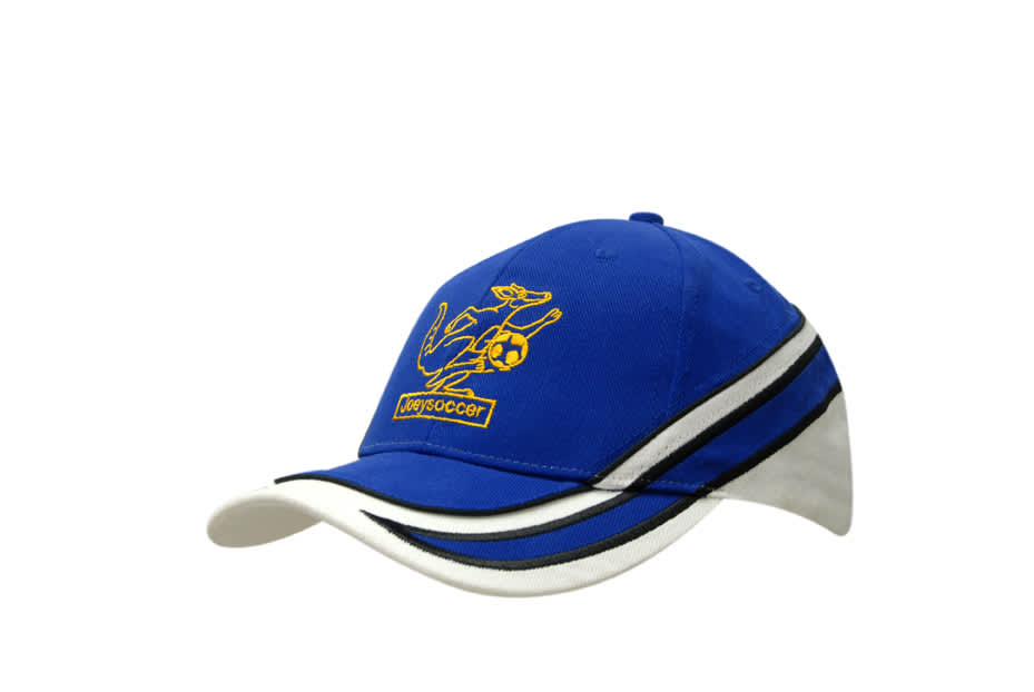 A blue cap with white and black piping, featuring a logo on the front. Suitable for casual wear and sports activities.