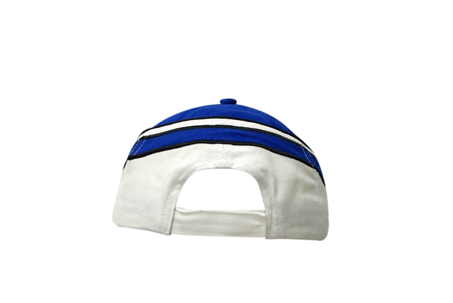 A blue and white cap featuring fabric trims and embroidery, with piping on the crown and peak, and a logo.