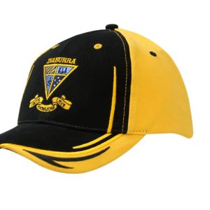 A black and yellow cap featuring crown and peak embroidery, with fabric inserts on the peak and a logo.