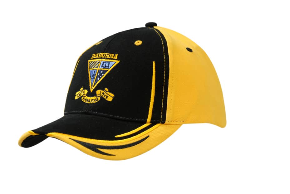A black and yellow cap featuring crown and peak embroidery, with fabric inserts on the peak and a logo.