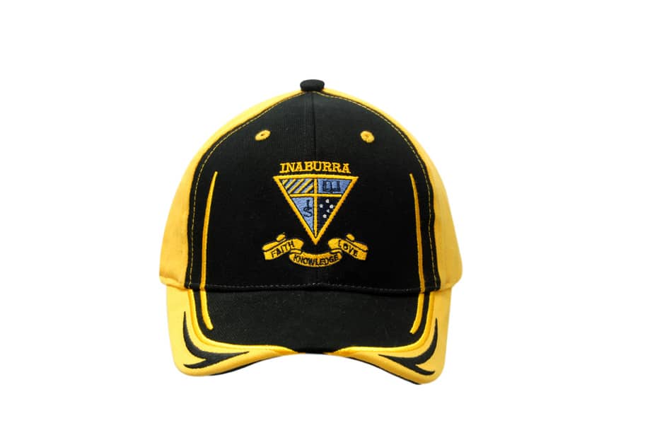 A black and yellow cap with crown and peak embroidery, featuring fabric inserts on the peak and a logo.