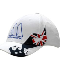 A white cap featuring an Australia applique on the crown and peak, with a logo on the front.