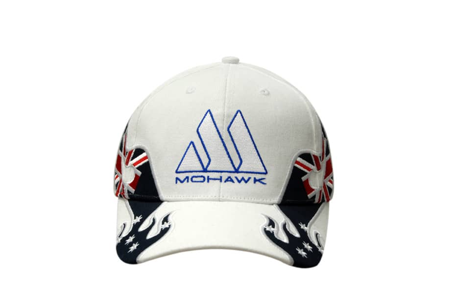A white cap featuring an Australia applique on the crown and peak, with a logo on the front.