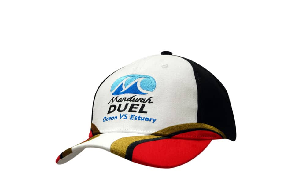 Brushed heavy cotton cap in white, black, and red with fabric inserts and embroidery on the crown and peak.