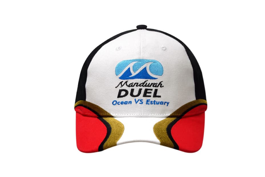 A brushed heavy cotton cap featuring black and white panels with embroidered designs and a logo on the front.