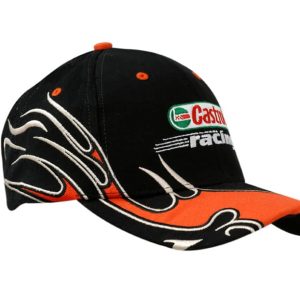 A black cap with an orange flame design on the crown and peak, featuring a logo on the front.