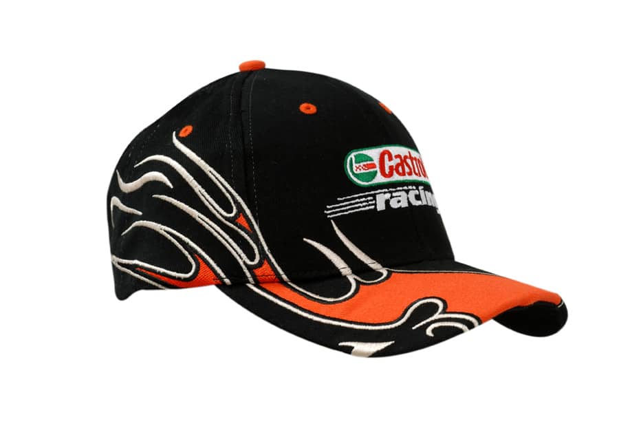 A black cap with an orange flame design on the crown and peak, featuring a logo on the front.