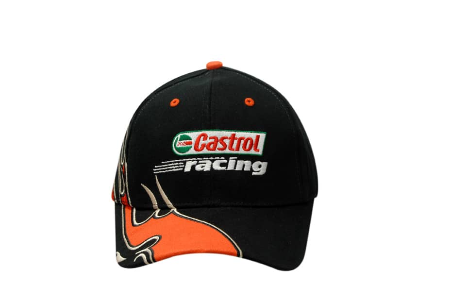 A black cap with an orange flame design on the crown and peak, featuring a logo on the front.