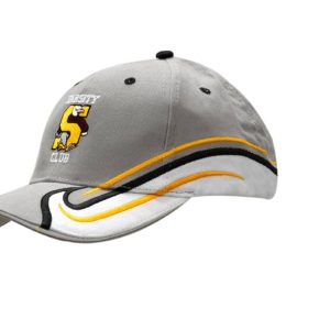 A grey cap with a sandwich trim, featuring fabric inserts and embroidery on the crown and peak. It has a logo.