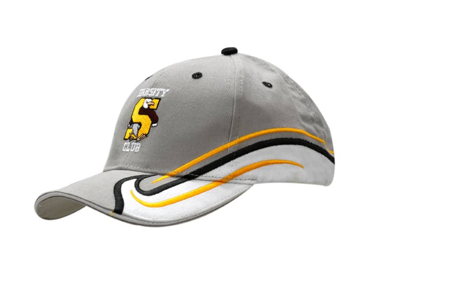 A grey cap with a sandwich trim, featuring fabric inserts and embroidery on the crown and peak. It has a logo.