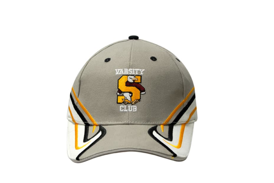 A grey cap featuring sandwich trim, fabric inserts, and embroidered details on the crown and peak. Includes a logo.