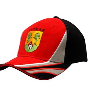 A red and black cap featuring embroidered designs and sandwich trim on the peak and crown inserts.