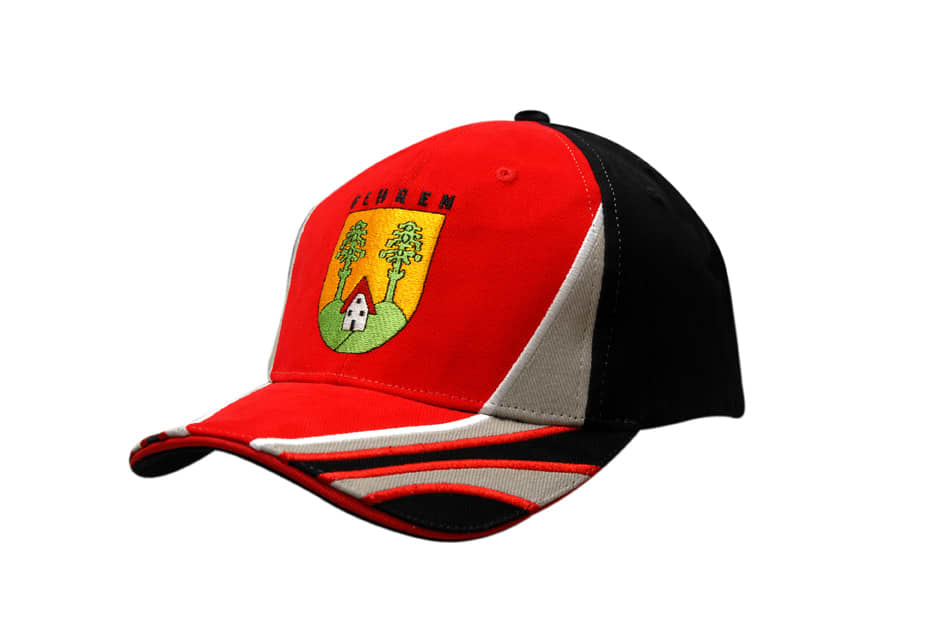 A red and black cap featuring embroidered designs and sandwich trim on the peak and crown inserts.