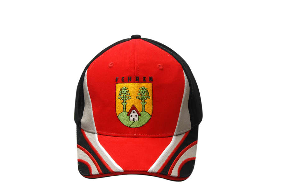 A red cap with black accents, featuring embroidered designs and a logo on the front.