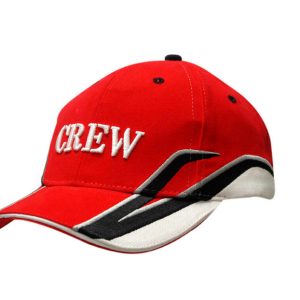 A red cap with sandwich trim, featuring embroidered branding and peak inserts in black and white.