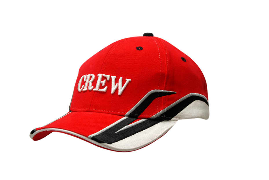 A red cap with sandwich trim, featuring embroidered branding and peak inserts in black and white.