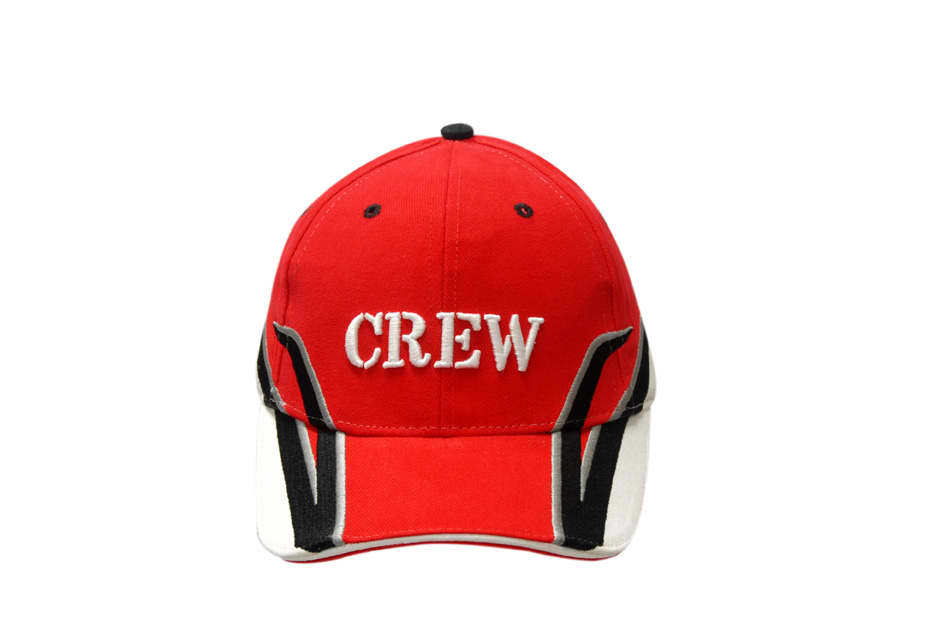 A red cap with sandwich trim and black accents, featuring an embroidered logo on the front.