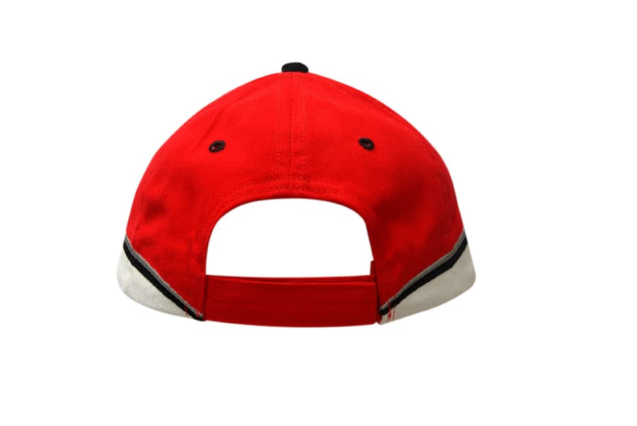 A red cap with a white sandwich trim, featuring black inserts and a rear adjustable strap, and a logo.