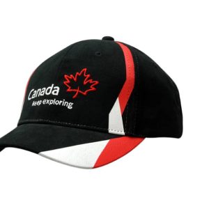 A black and red cap with a printed design, featuring a logo and angled stripes in white.