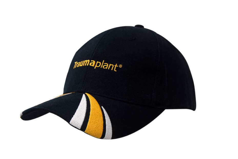A black brushed heavy cotton cap featuring peak embroidery and a logo on the front.