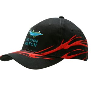 A black cap featuring red wave embroidery on the crown and peak, with a logo.
