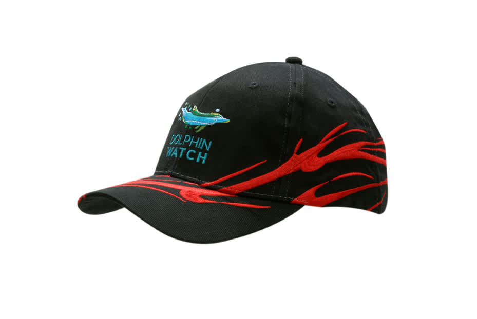 A black cap featuring red wave embroidery on the crown and peak, with a logo.